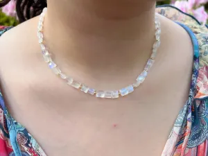 Rainbow Moonstone Rectangles Necklace with Gold Bead Accents