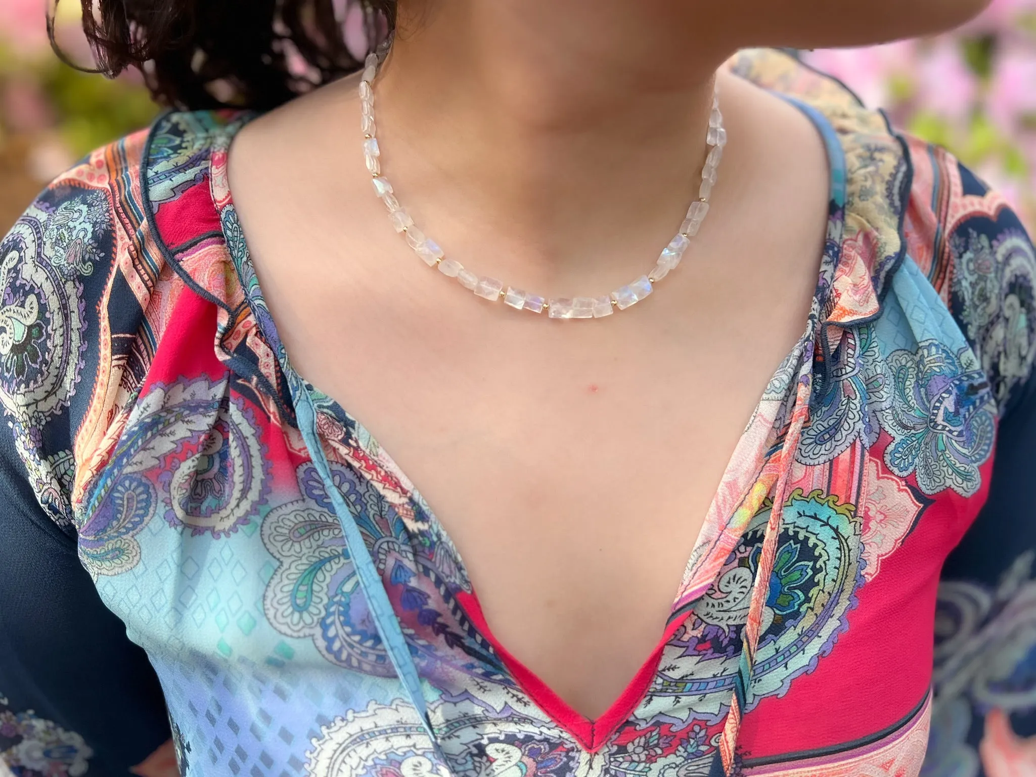 Rainbow Moonstone Rectangles Necklace with Gold Bead Accents