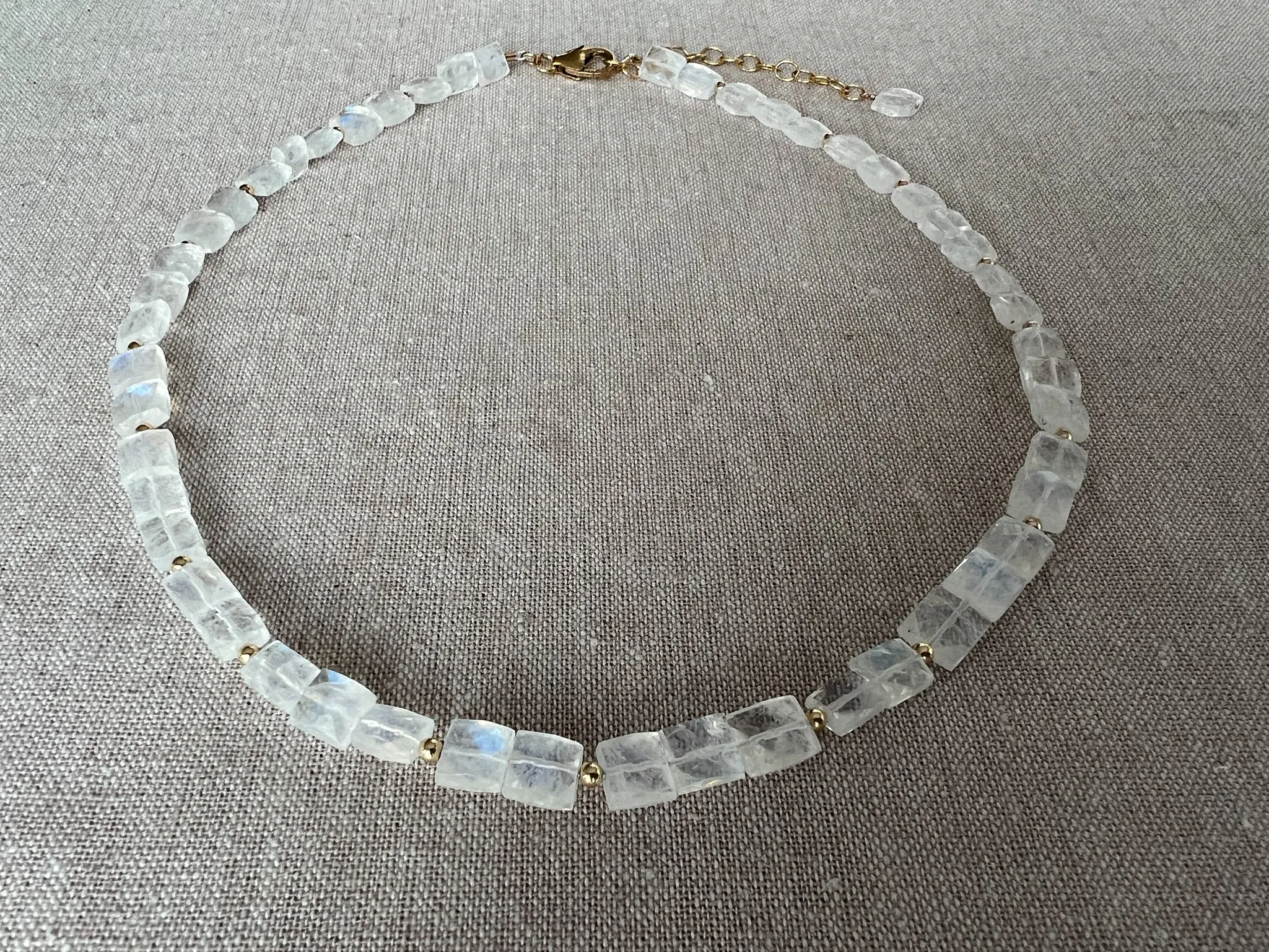 Rainbow Moonstone Rectangles Necklace with Gold Bead Accents