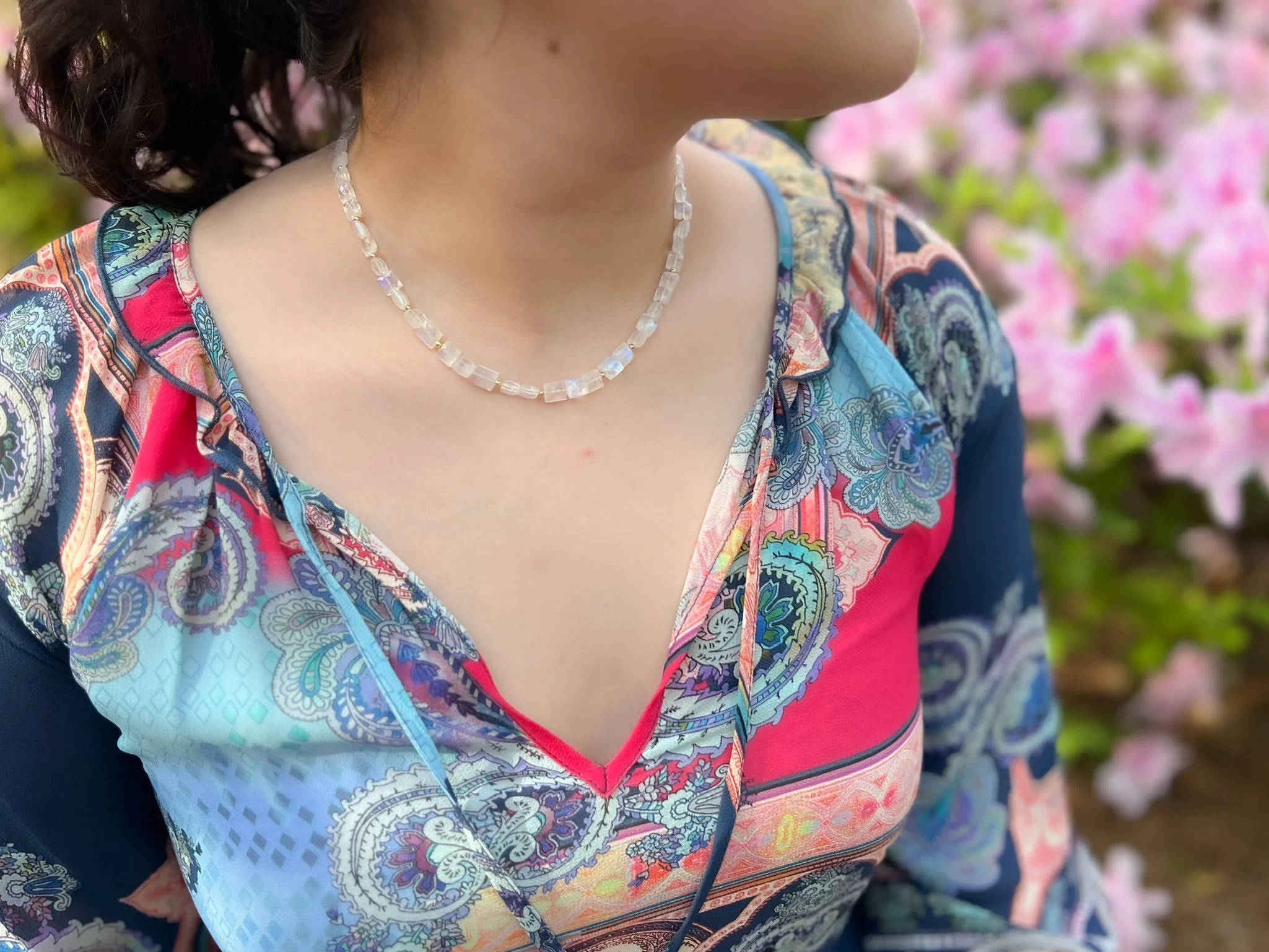 Rainbow Moonstone Rectangles Necklace with Gold Bead Accents