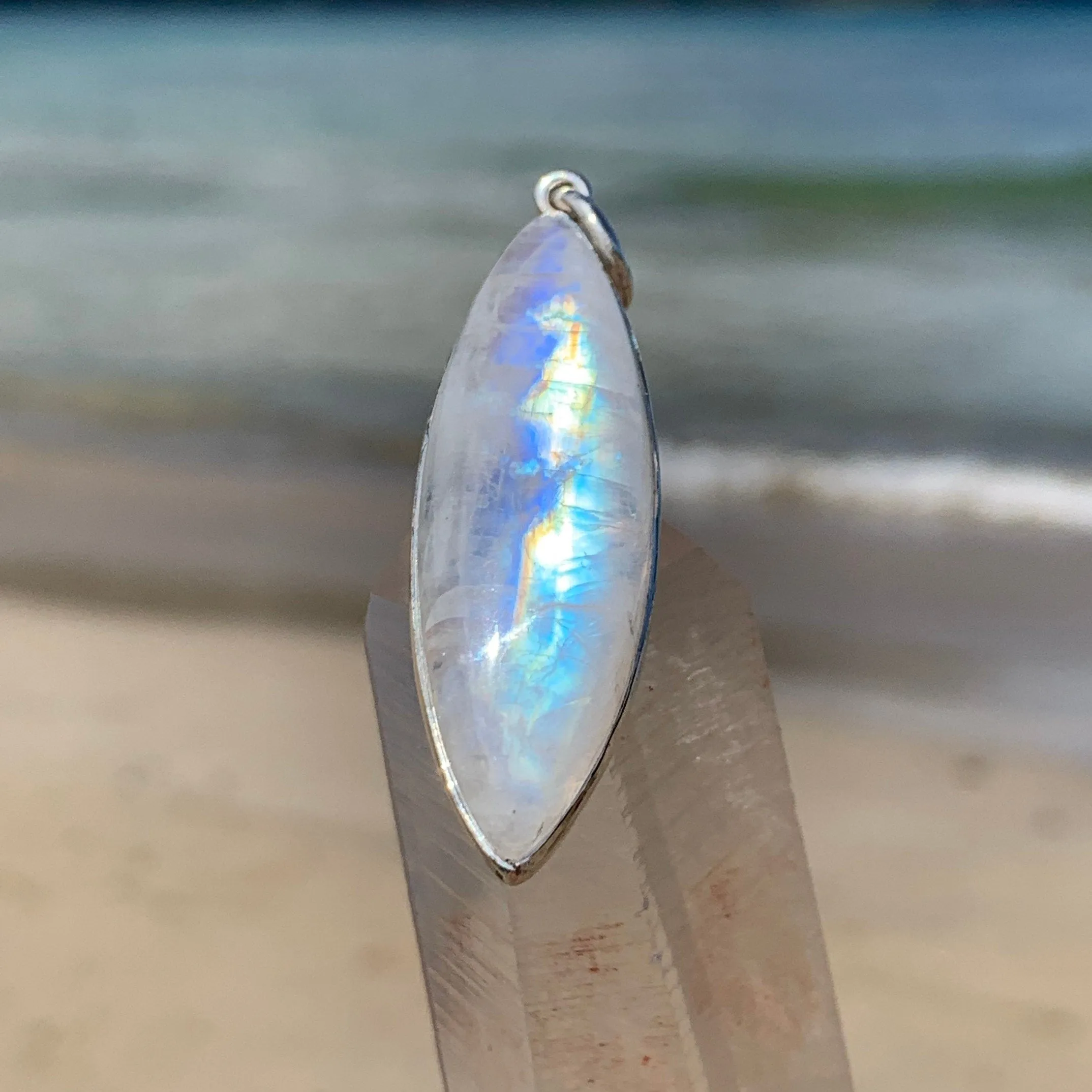 Rainbow Moonstone Surfboard Silver Pendant
