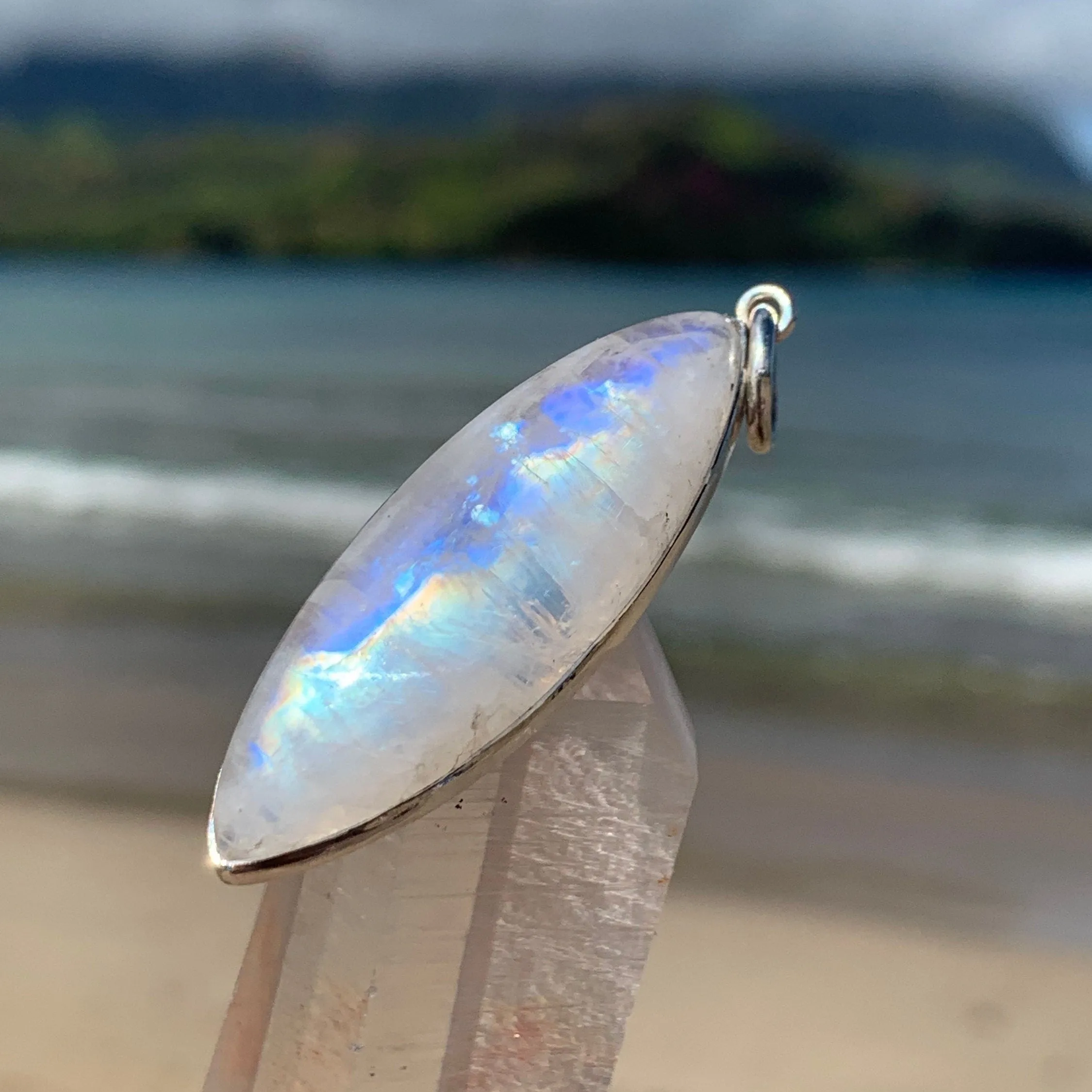 Rainbow Moonstone Surfboard Silver Pendant