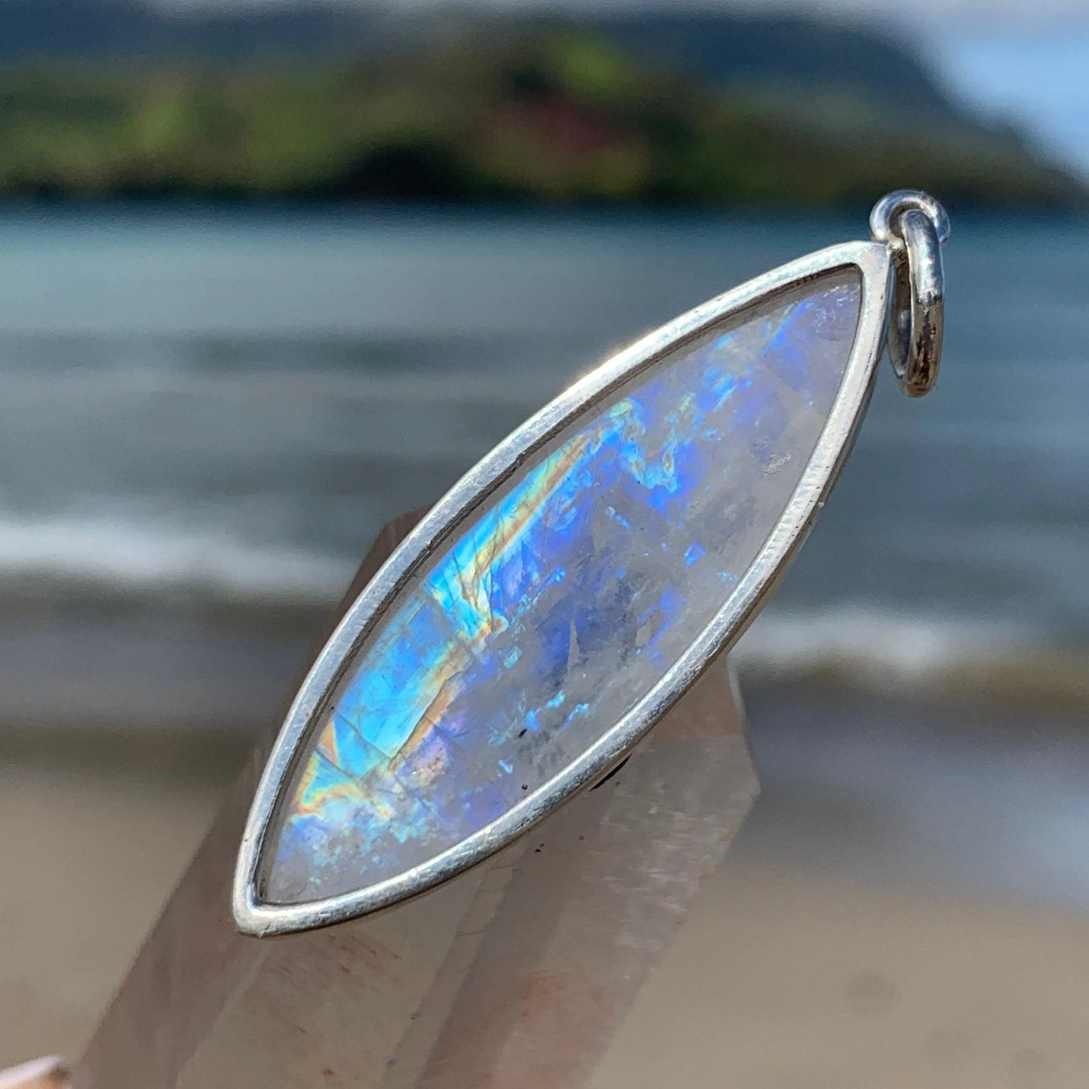 Rainbow Moonstone Surfboard Silver Pendant
