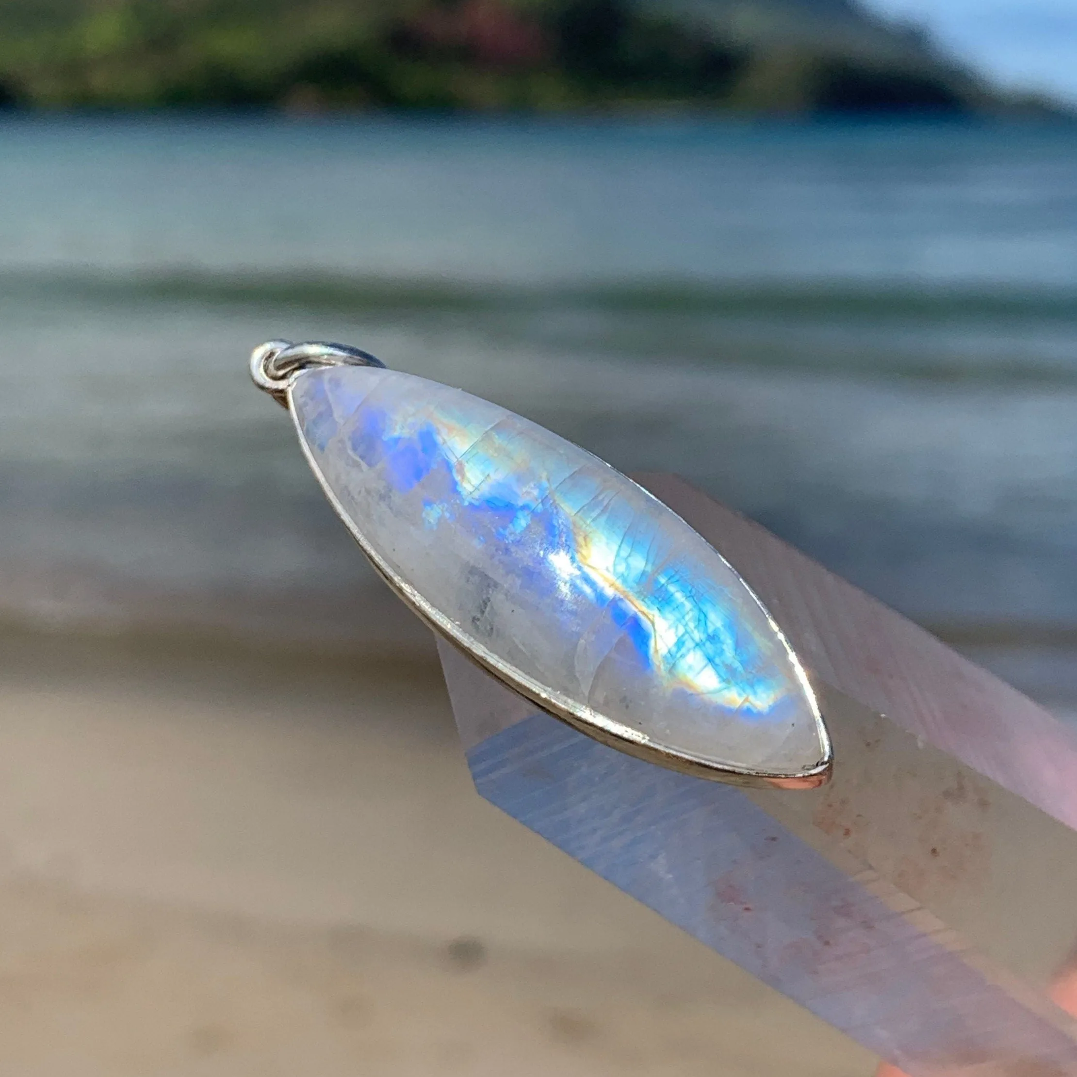 Rainbow Moonstone Surfboard Silver Pendant