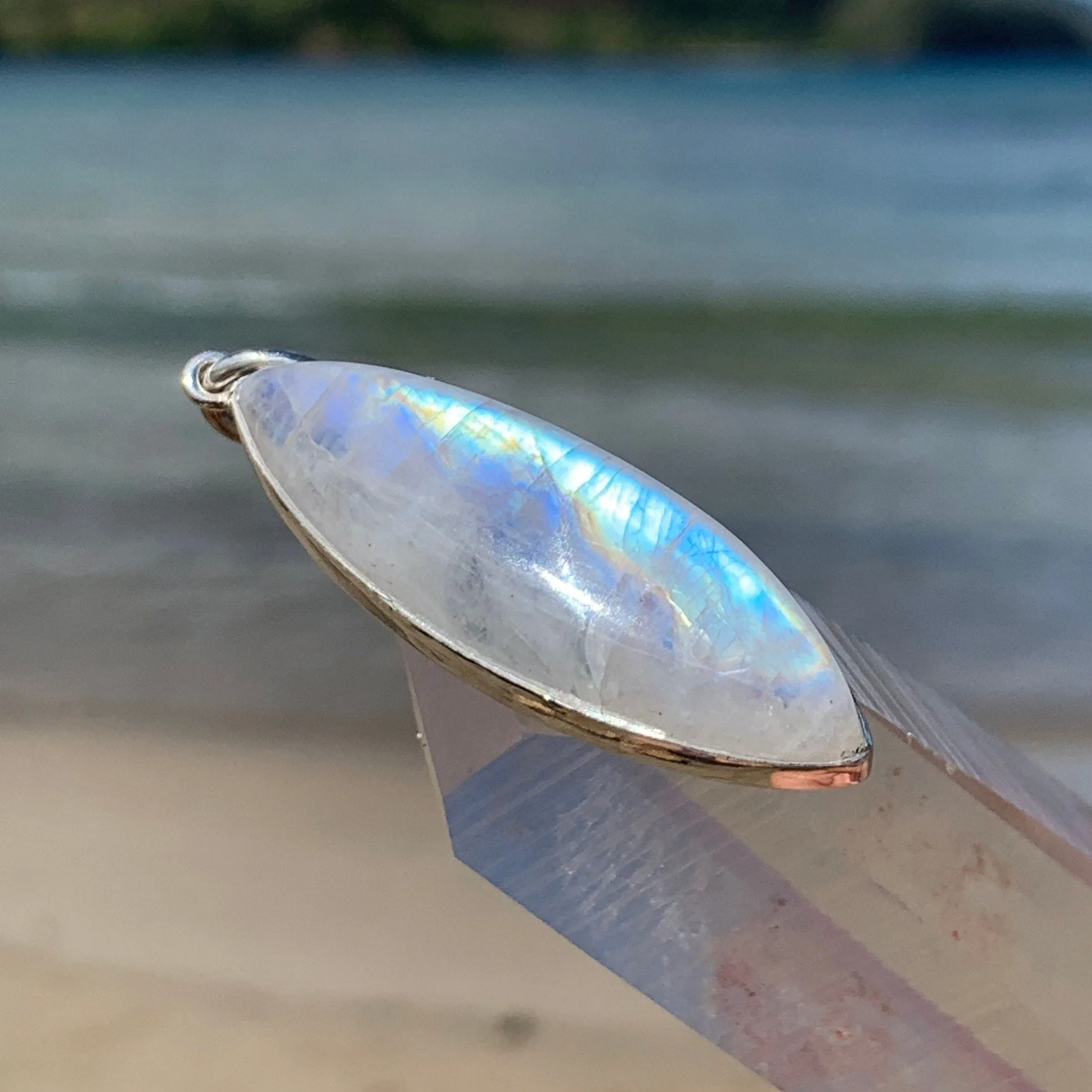 Rainbow Moonstone Surfboard Silver Pendant