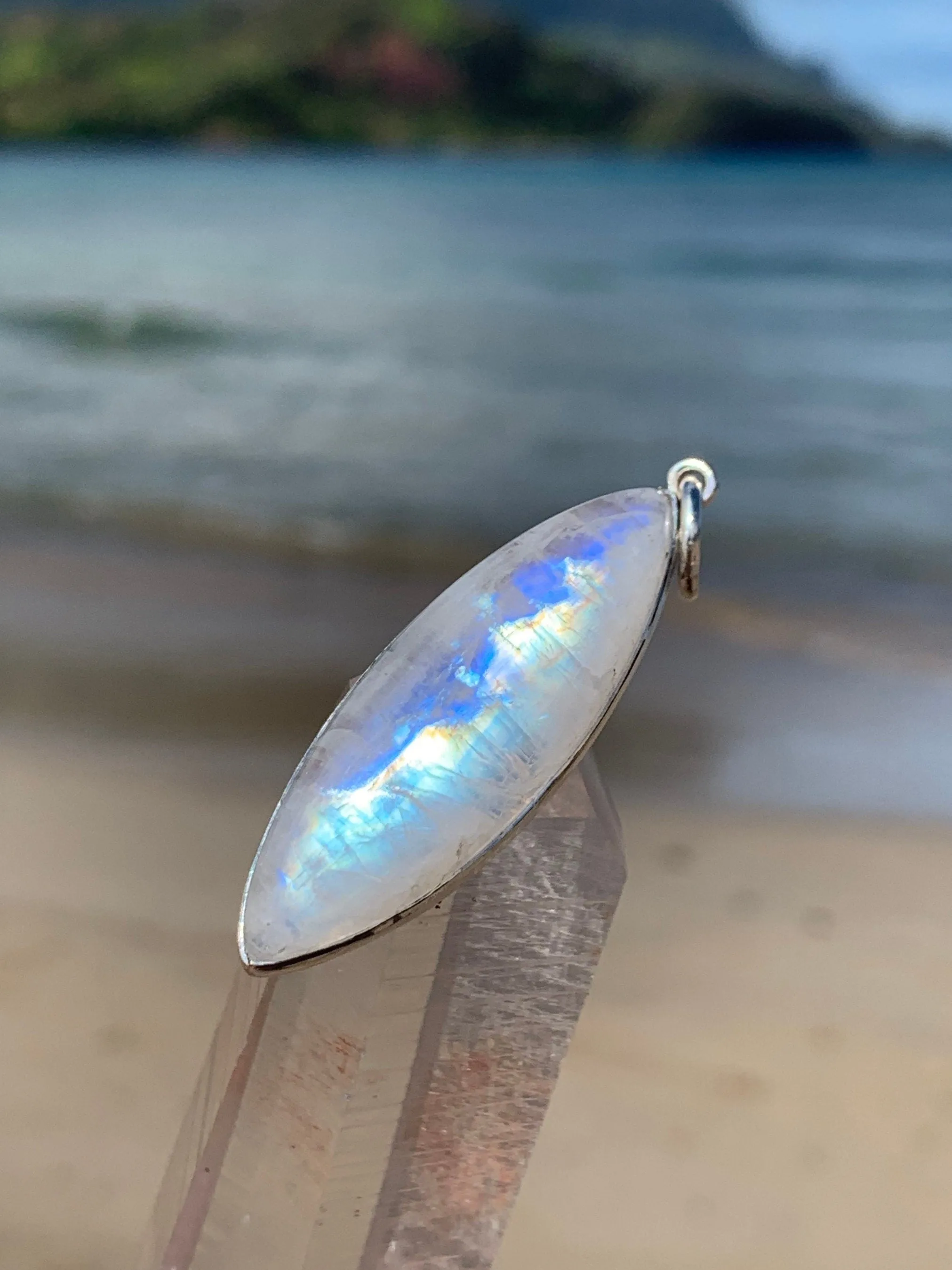 Rainbow Moonstone Surfboard Silver Pendant