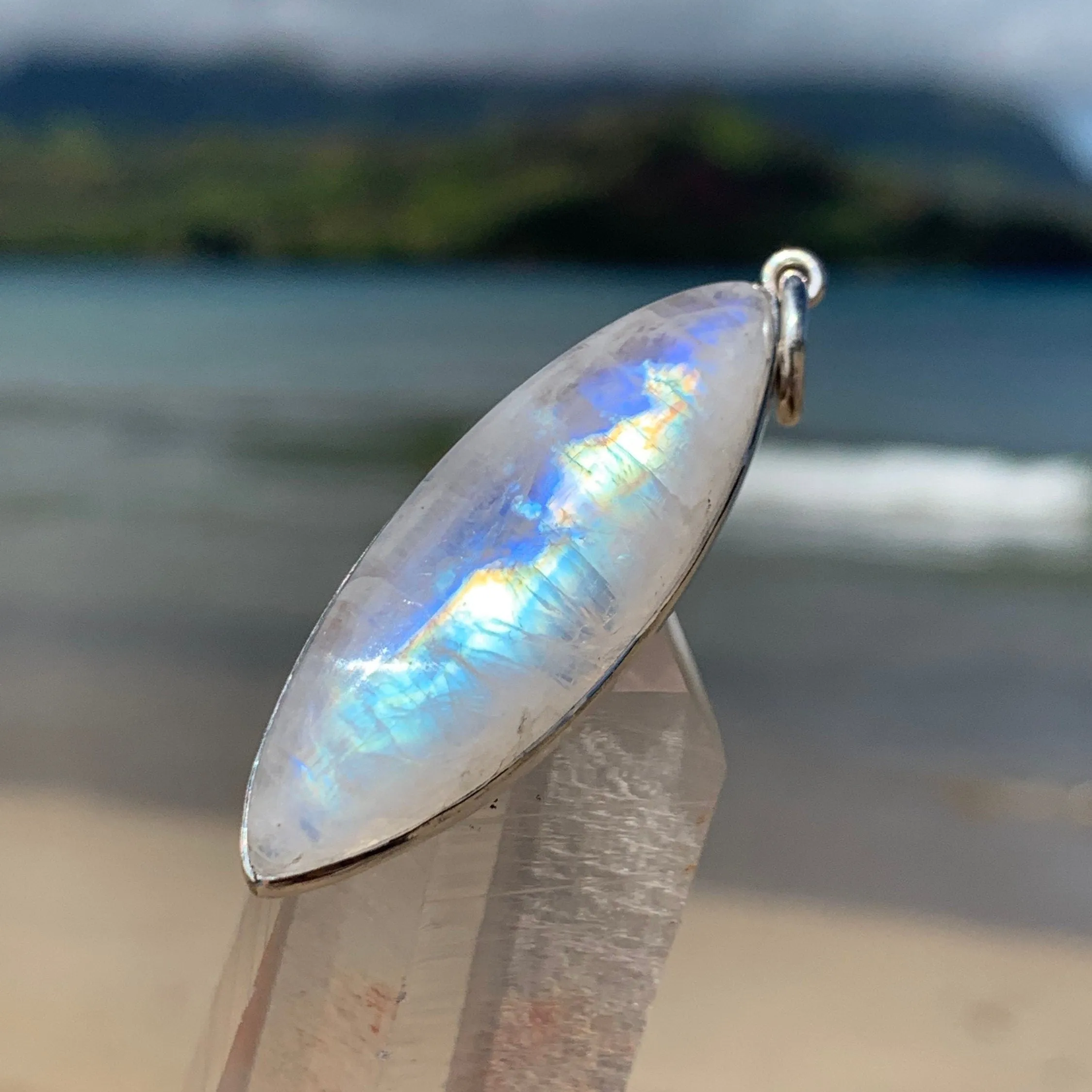 Rainbow Moonstone Surfboard Silver Pendant