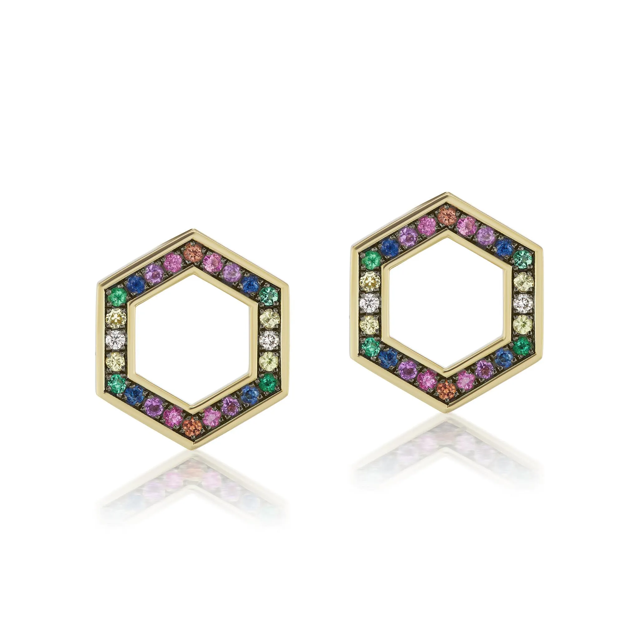 Rainbow Sapphire Hexagon Stud Earrings