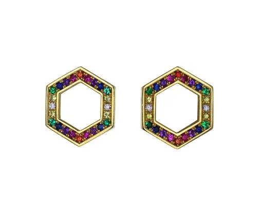 Rainbow Sapphire Hexagon Stud Earrings
