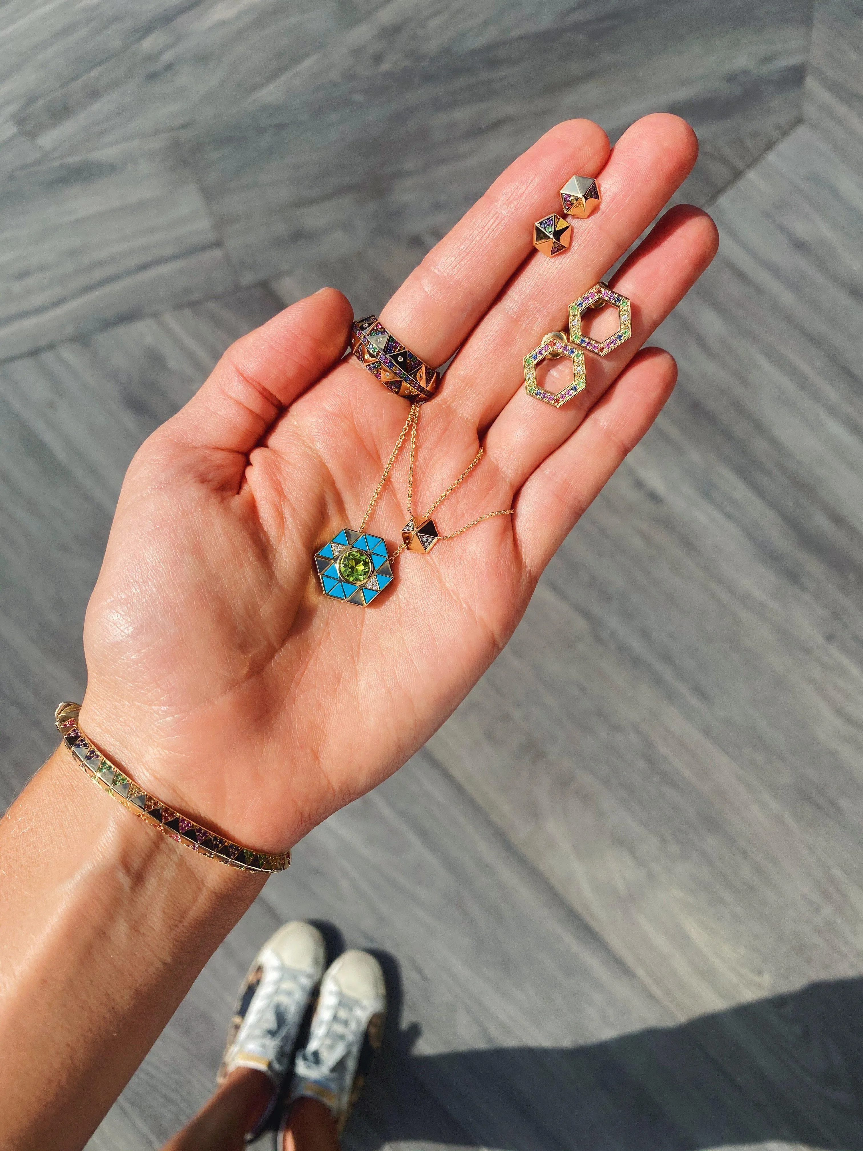 Rainbow Sapphire Hexagon Stud Earrings