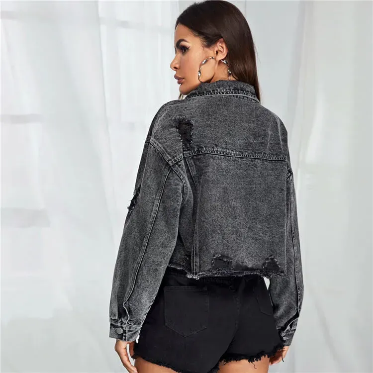 Rapture Distressed Cropped Button-Up Denim Jacket