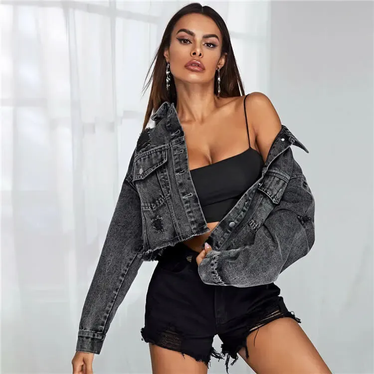 Rapture Distressed Cropped Button-Up Denim Jacket