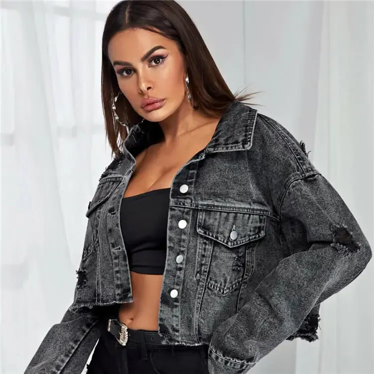 Rapture Distressed Cropped Button-Up Denim Jacket