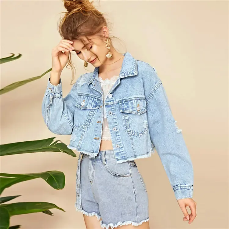 Rapture Distressed Cropped Button-Up Denim Jacket