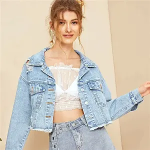 Rapture Distressed Cropped Button-Up Denim Jacket