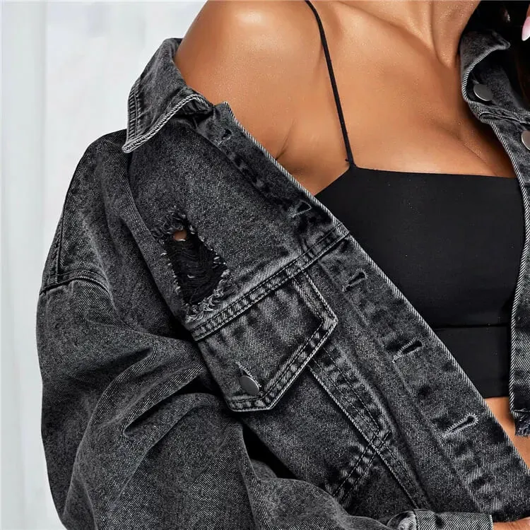 Rapture Distressed Cropped Button-Up Denim Jacket