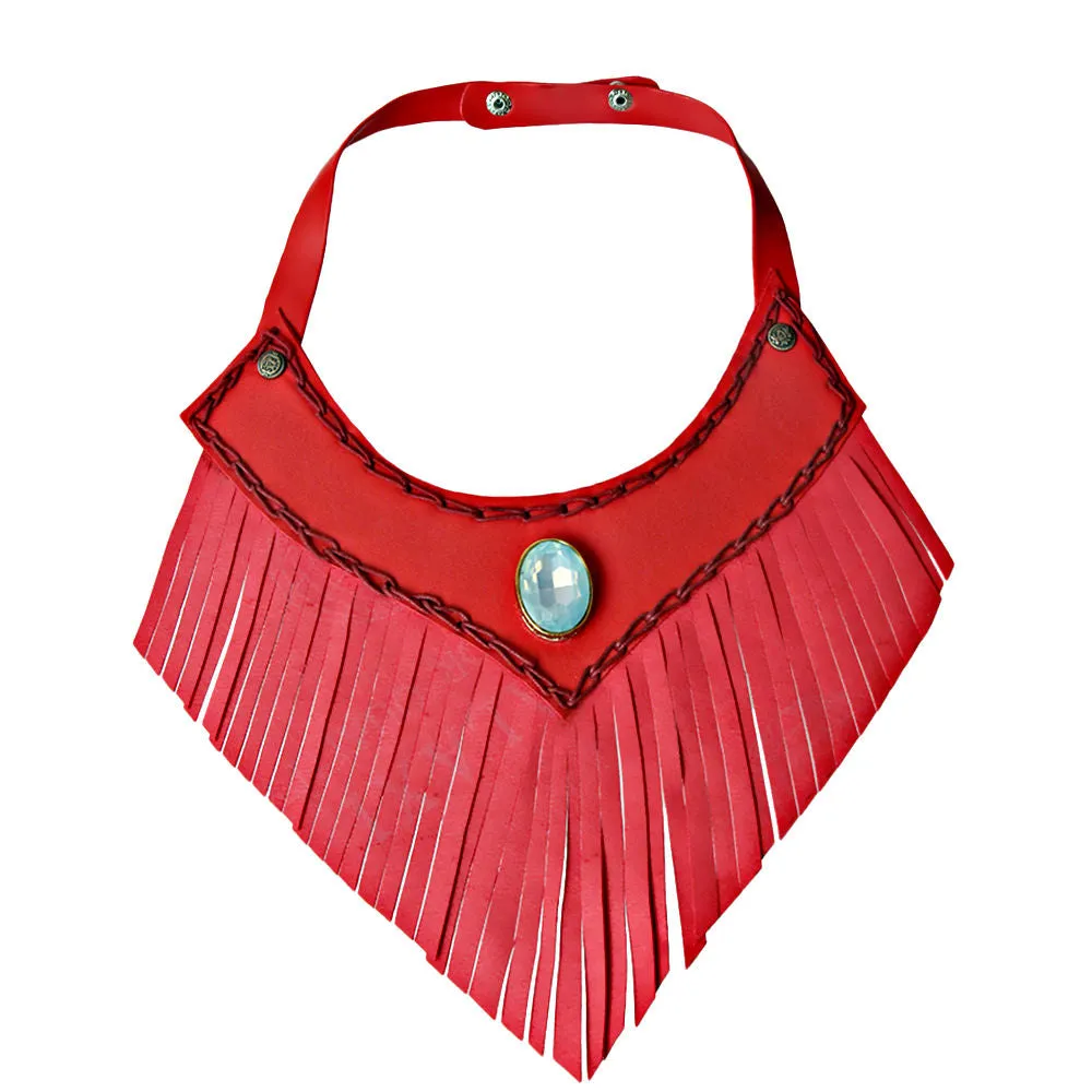 Red Leather Fringe Choker Necklace