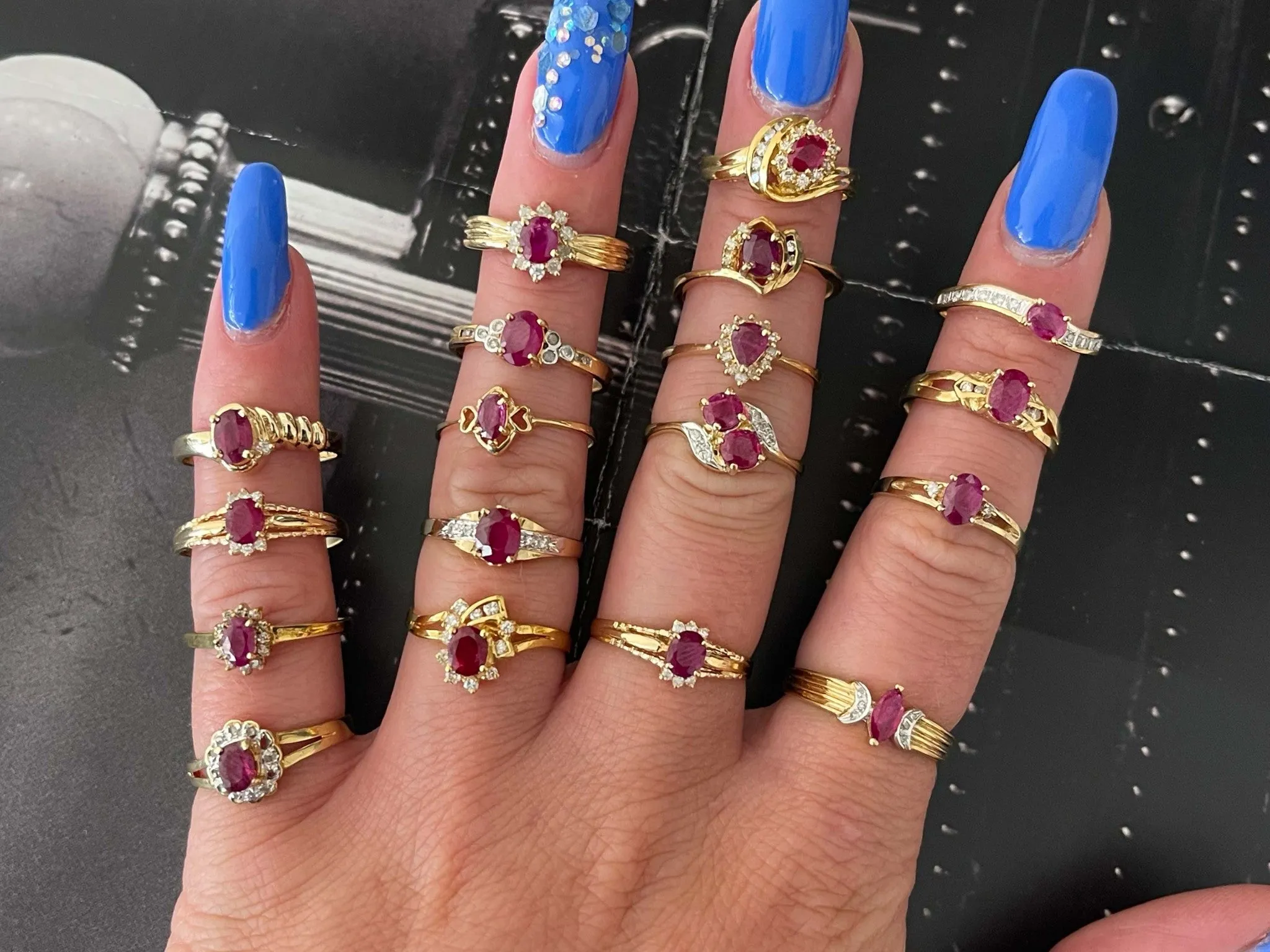 Red Ruby and Diamond Band Ring in 14k Yellow Gold
