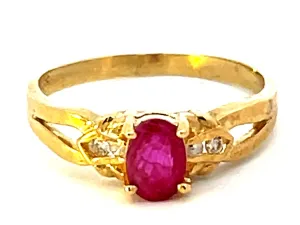 Red Ruby and Diamond Band Ring in 14k Yellow Gold