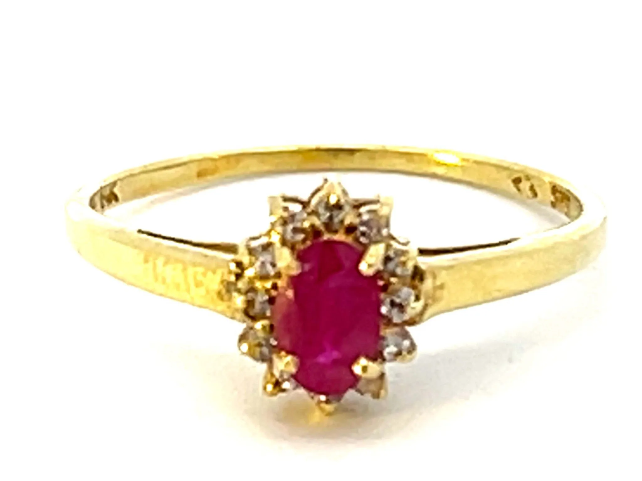 Red Ruby and Diamond Halo Ring in 14k Yellow Gold