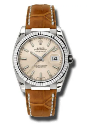 Rolex Datejust Pink Dial 18kt White Gold Brown Leather Strap Men's Watch 116139PSL