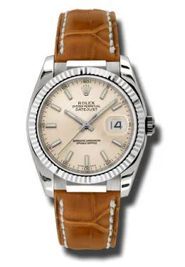 Rolex Datejust Pink Dial 18kt White Gold Brown Leather Strap Men's Watch 116139PSL