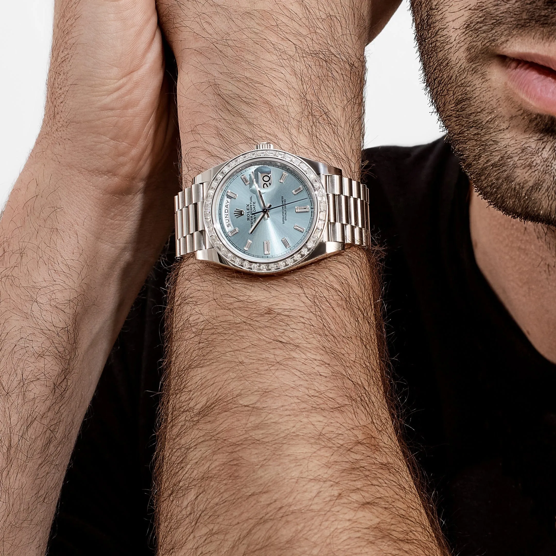 Rolex Day-Date 228396TBR Platinum Diamond Bezel Ice Blue Diamond Dial (2017)