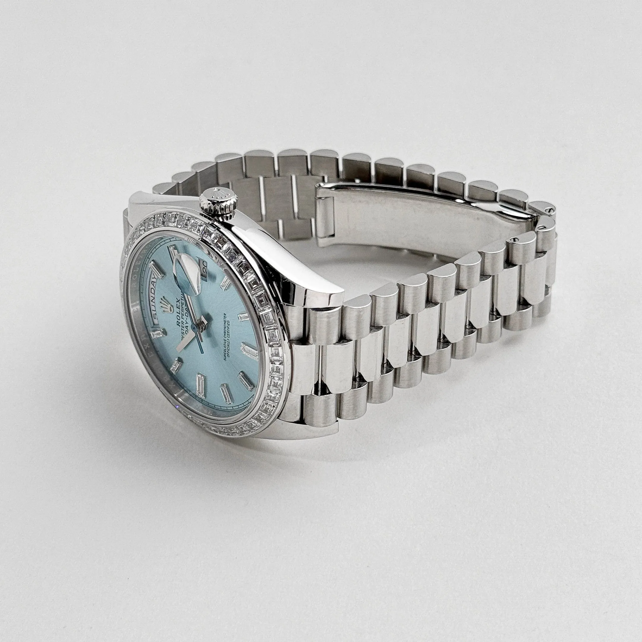 Rolex Day-Date 228396TBR Platinum Diamond Bezel Ice Blue Diamond Dial (2017)