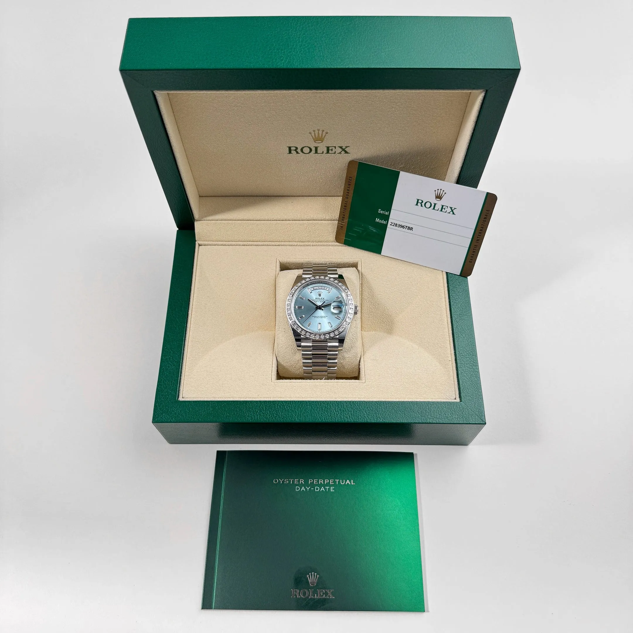 Rolex Day-Date 228396TBR Platinum Diamond Bezel Ice Blue Diamond Dial (2017)