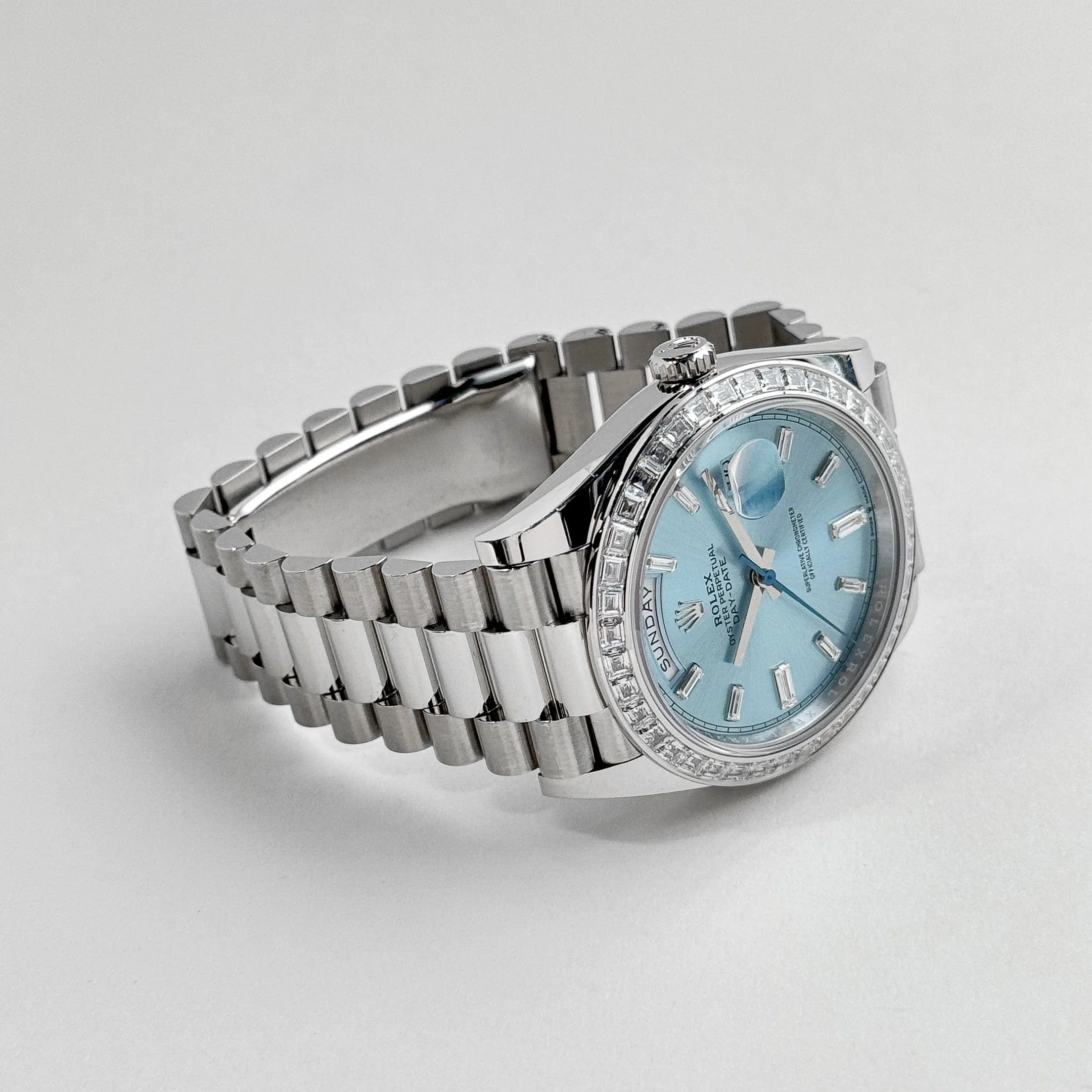 Rolex Day-Date 228396TBR Platinum Diamond Bezel Ice Blue Diamond Dial (2017)