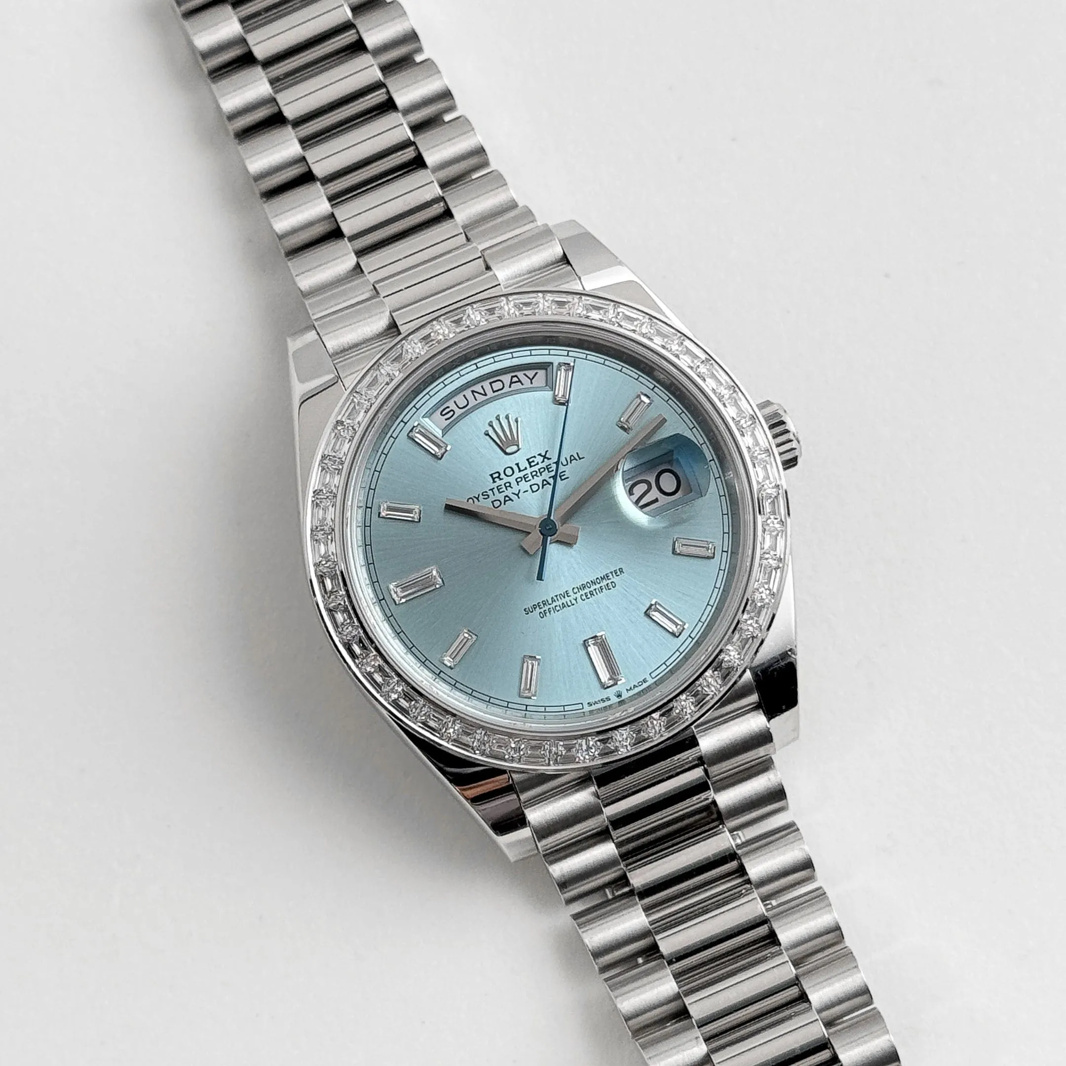 Rolex Day-Date 228396TBR Platinum Diamond Bezel Ice Blue Diamond Dial (2017)