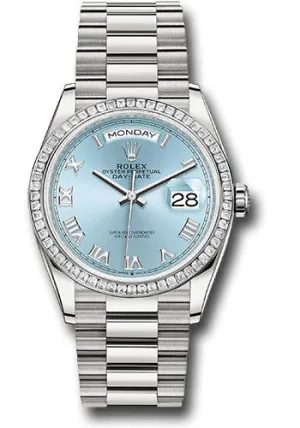 Rolex Platinum Day-Date 36 Watch - Diamond Bezel - Ice Blue Roman Dial - President Bracelet - 128396tbr ibrp