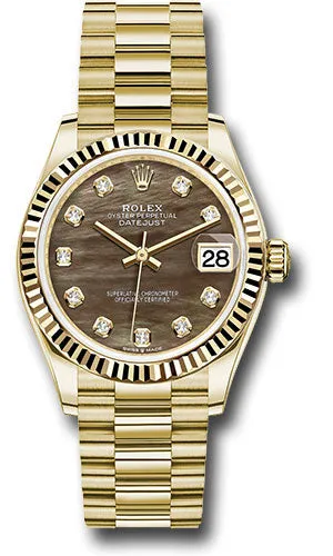 Rolex Yellow Gold Datejust 31 Watch - Fluted Bezel - Dark Mother-of-Pearl Diamond Dial - President Bracelet - 278278 dkmdp