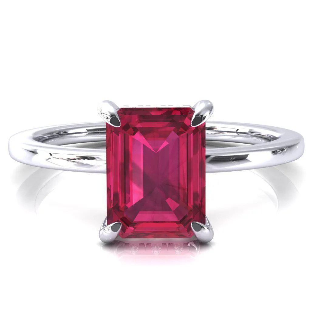 Rosy Emerald Ruby 4 Claw Prong Single Rail Micropave Engagement Ring