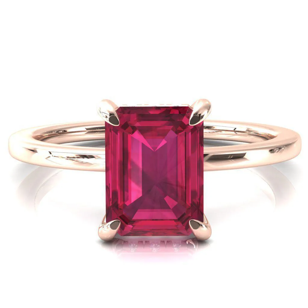 Rosy Emerald Ruby 4 Claw Prong Single Rail Micropave Engagement Ring
