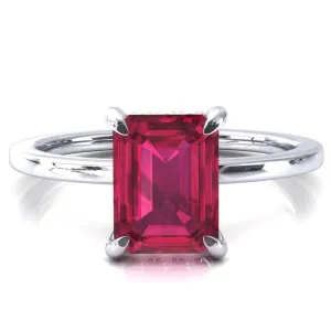 Rosy Emerald Ruby 4 Claw Prong Single Rail Micropave Engagement Ring