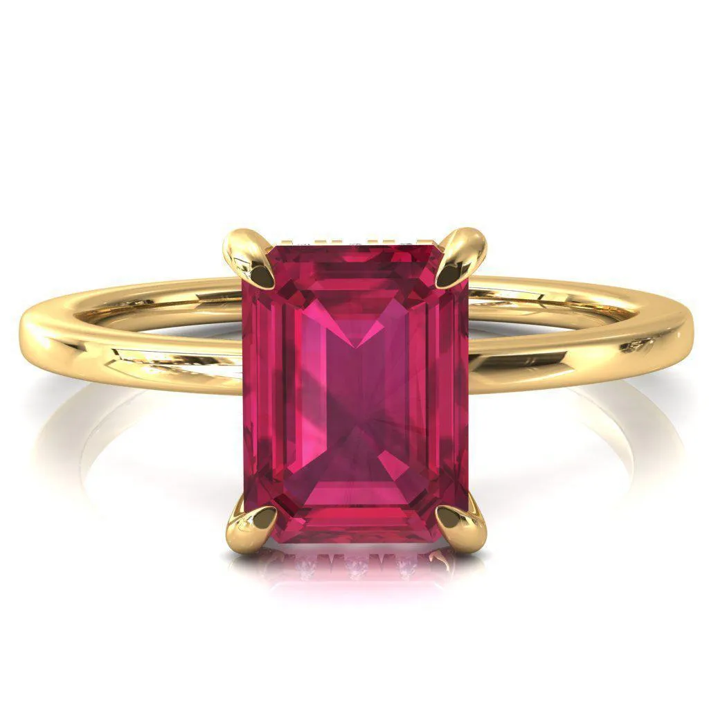 Rosy Emerald Ruby 4 Claw Prong Single Rail Micropave Engagement Ring