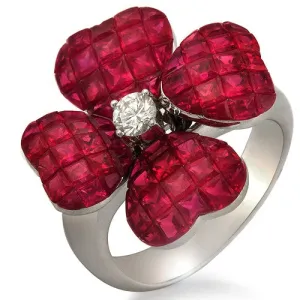 Ruby & Diamond accented in Flower Design Ring, 18k White Gold