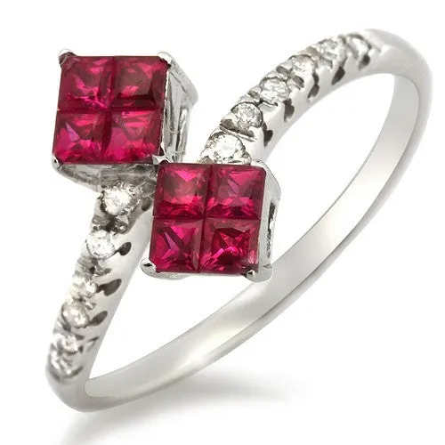 Ruby & Diamond Swilr Design Ring, 18k White Gold