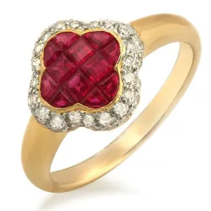 Ruby And Diamond Floral Design Ring, 18k Yellow Gold