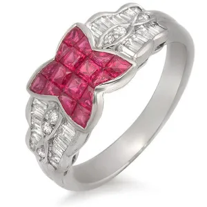 Ruby And Diamond Flower Ring, 18k White Gold