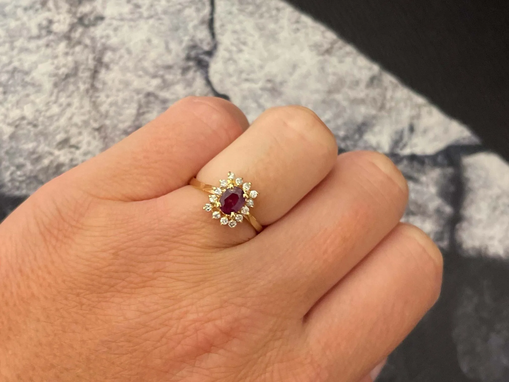 Ruby and Diamond Halo Ring in 14k Yellow Gold