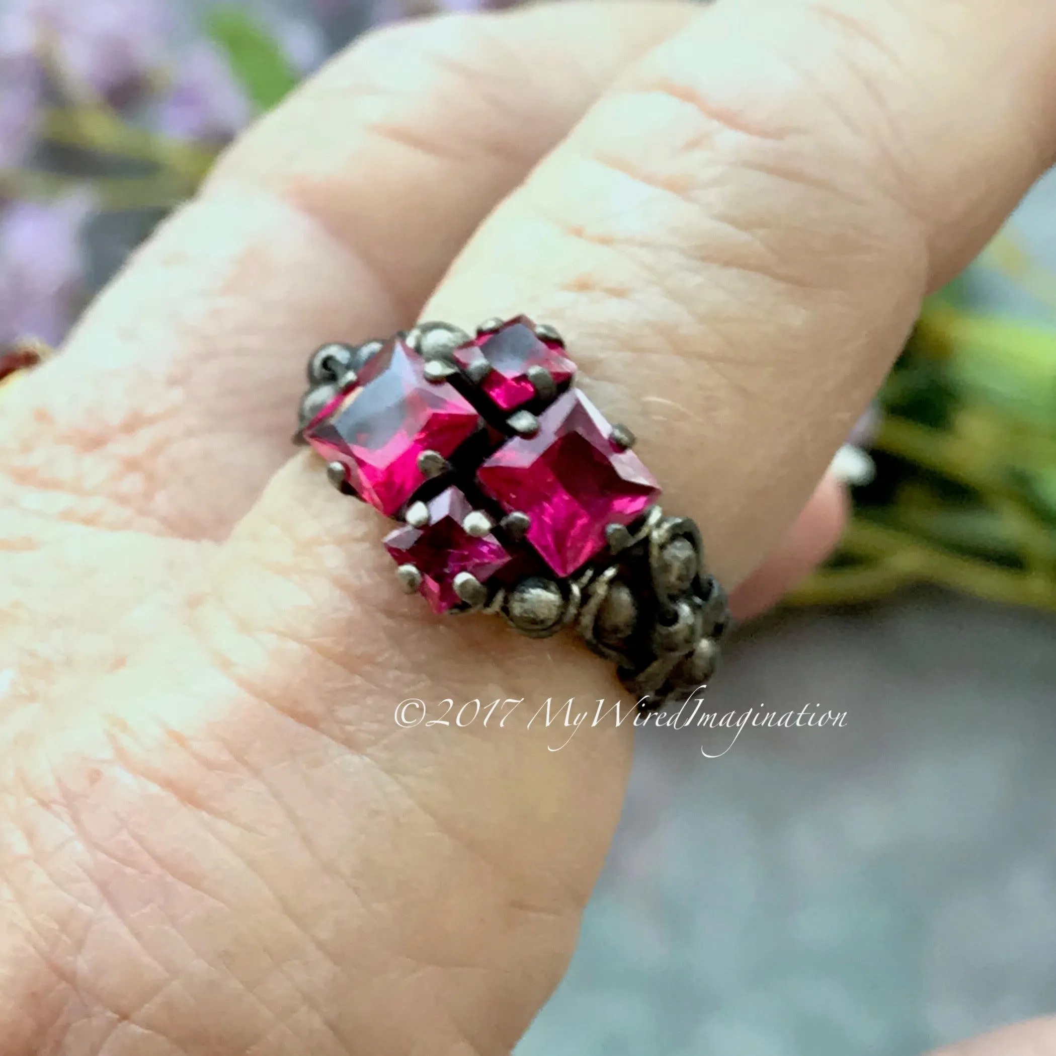 Ruby Squared, Sterling Silver, Multi-Stone Handmade Ring, Lab Created Ruby Ring, Made to Order