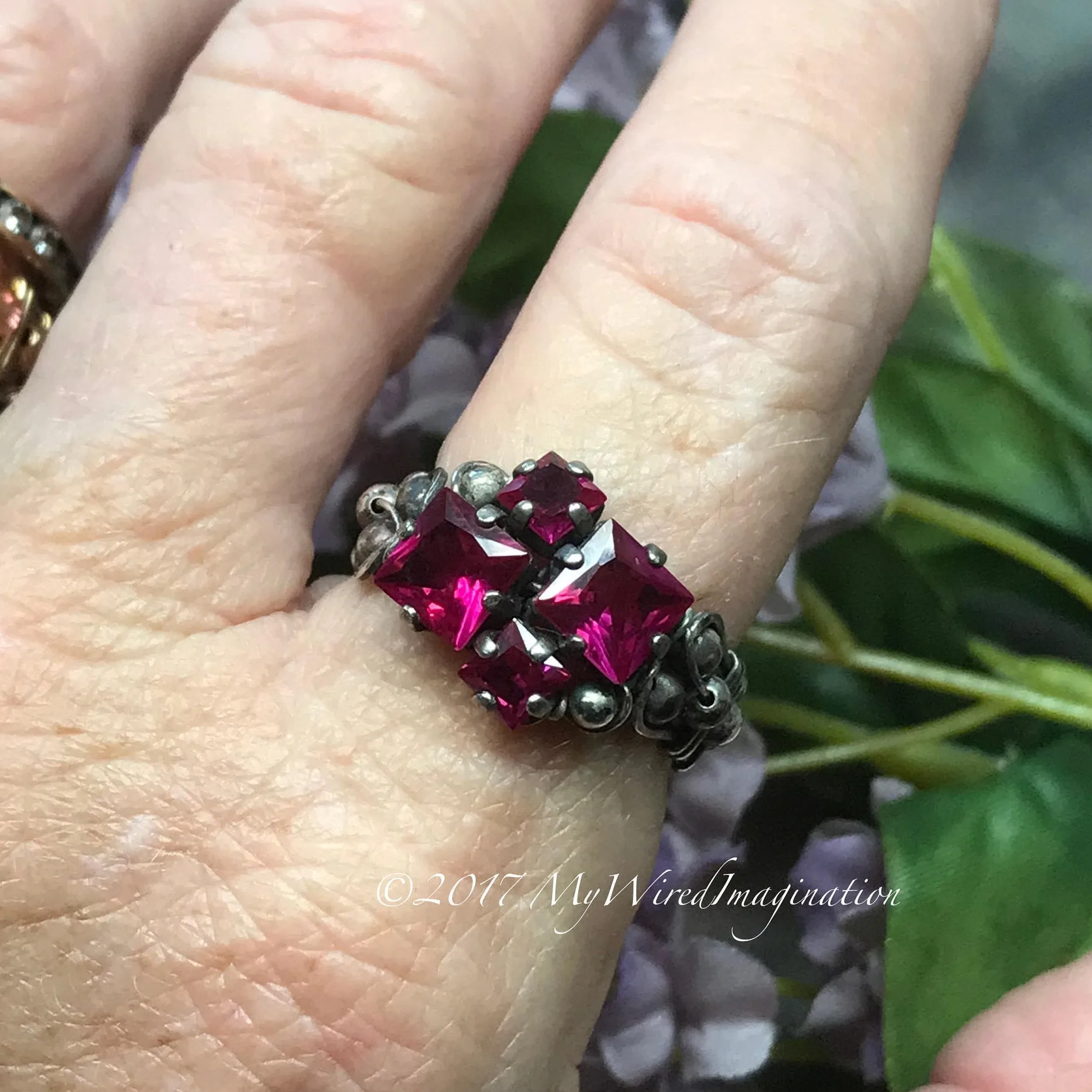 Ruby Squared, Sterling Silver, Multi-Stone Handmade Ring, Lab Created Ruby Ring, Made to Order