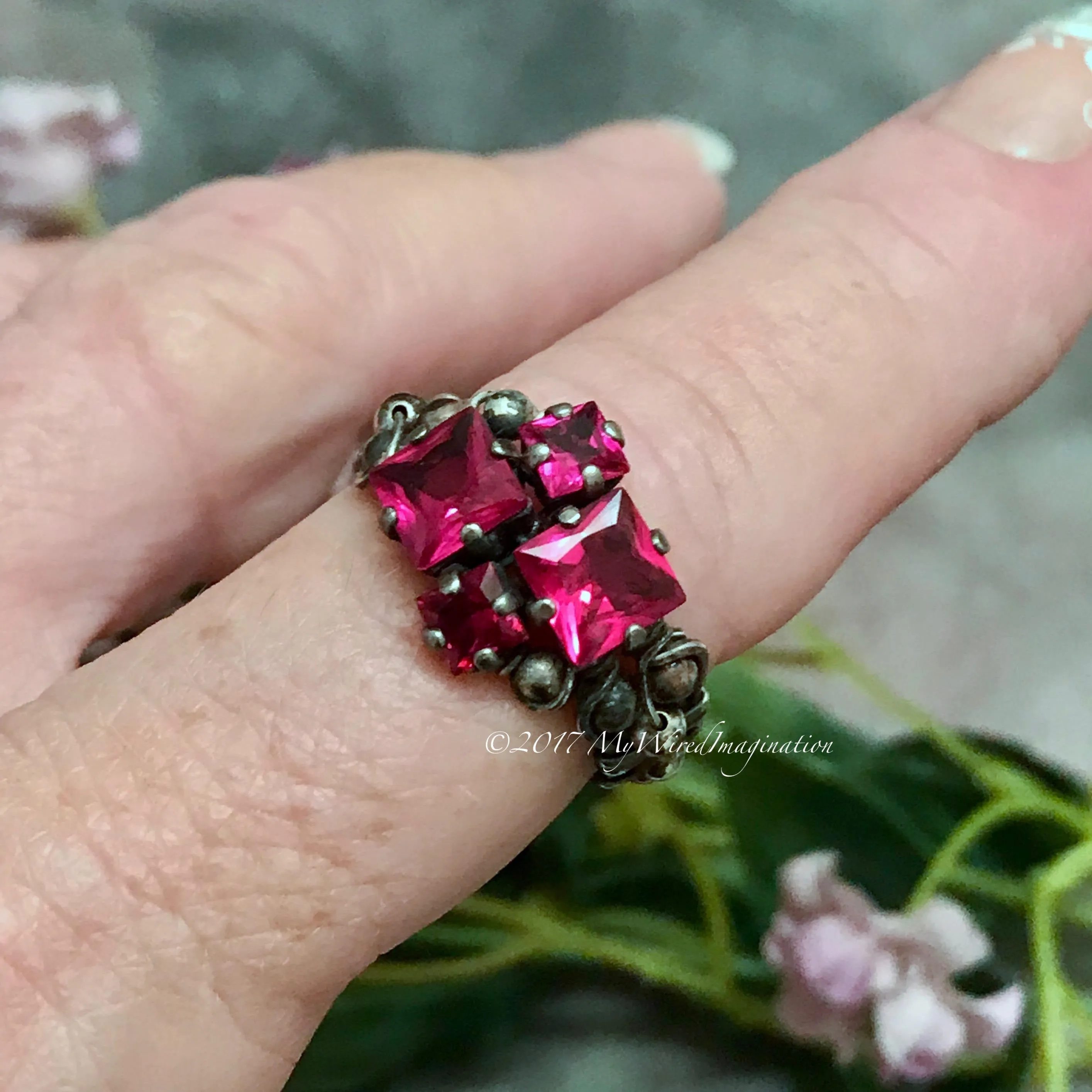 Ruby Squared, Sterling Silver, Multi-Stone Handmade Ring, Lab Created Ruby Ring, Made to Order