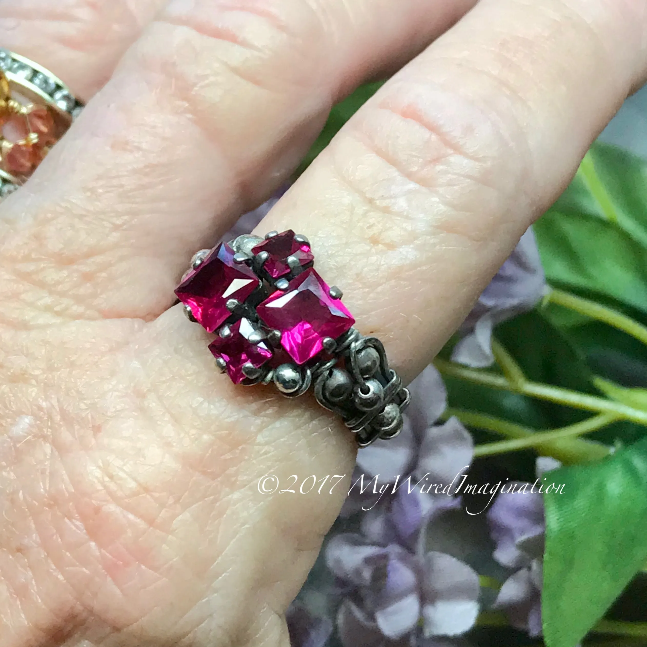 Ruby Squared, Sterling Silver, Multi-Stone Handmade Ring, Lab Created Ruby Ring, Made to Order