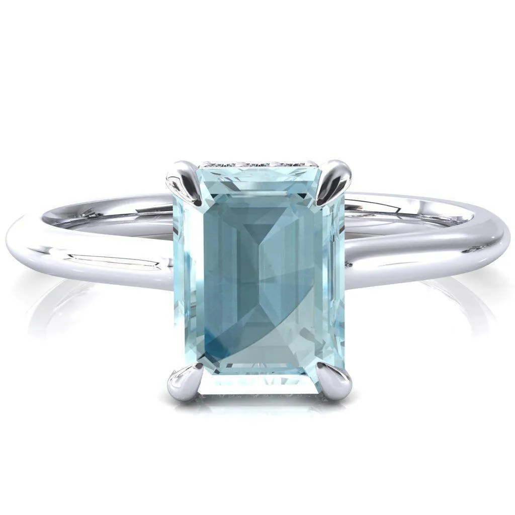 Secret Emerald Aqua Blue Spinel 4 Prong Floating Halo Engagement Ring
