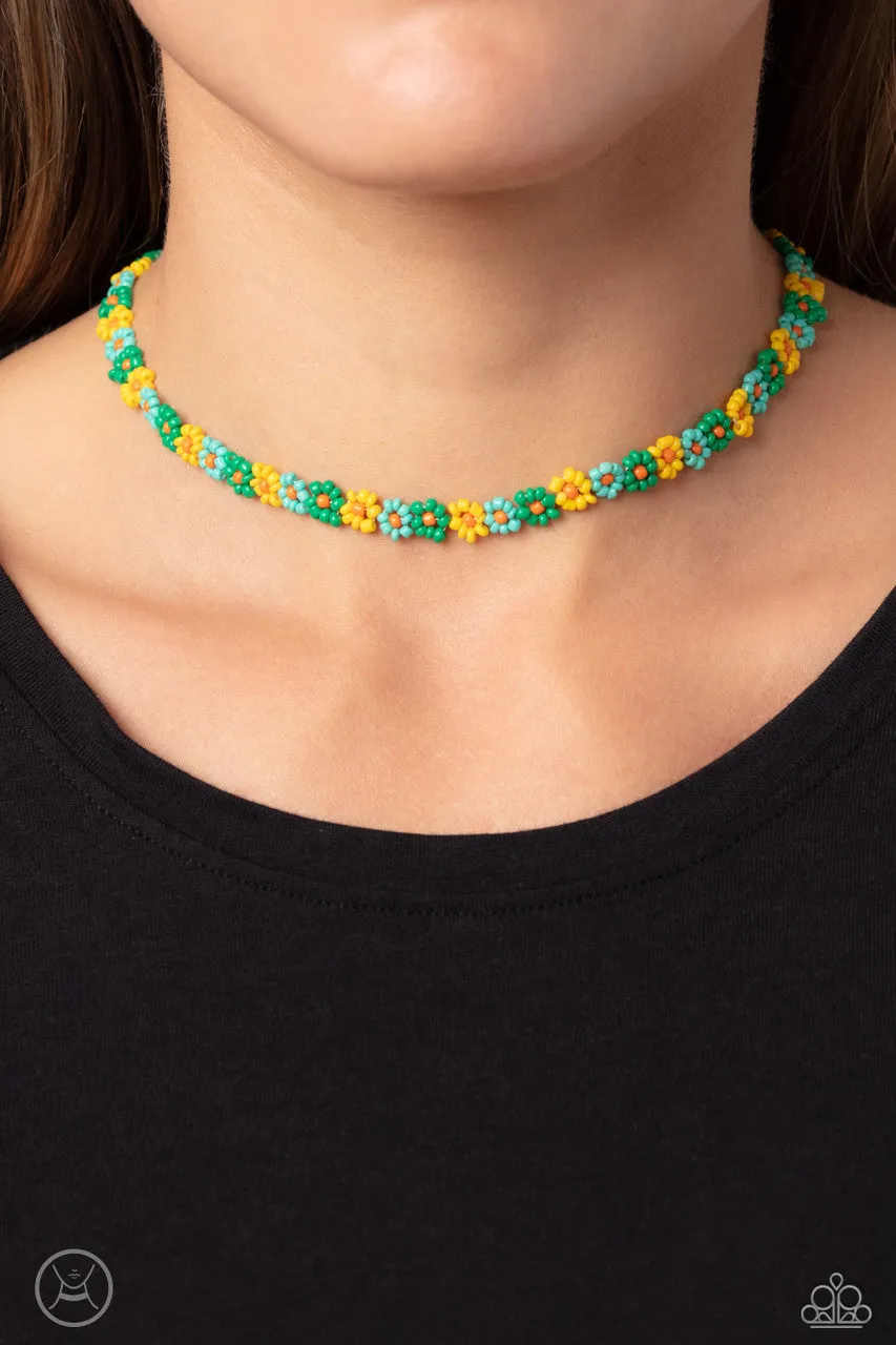 SEED Limit - Green - Blue and Yellow Seed Bead Flower Paparazzi Choker Necklace