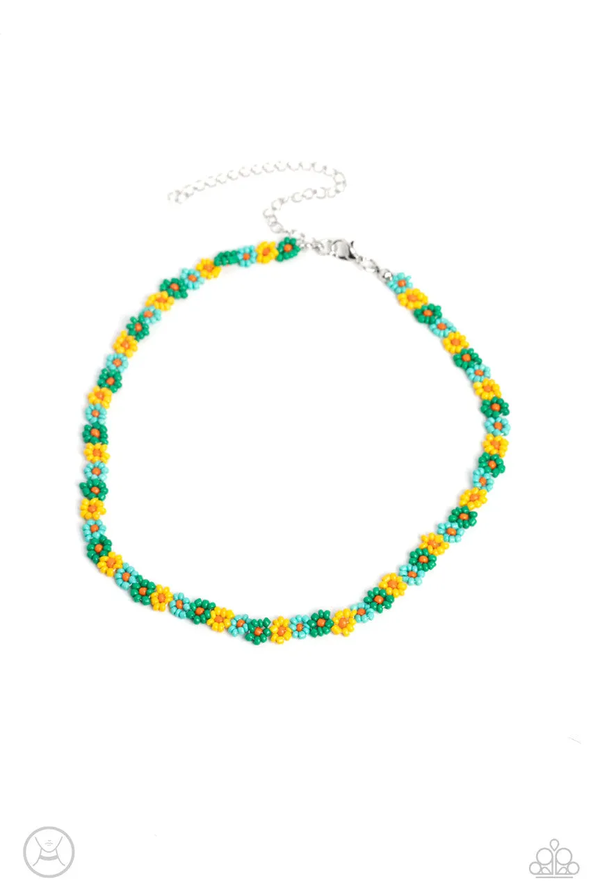 SEED Limit - Green - Blue and Yellow Seed Bead Flower Paparazzi Choker Necklace