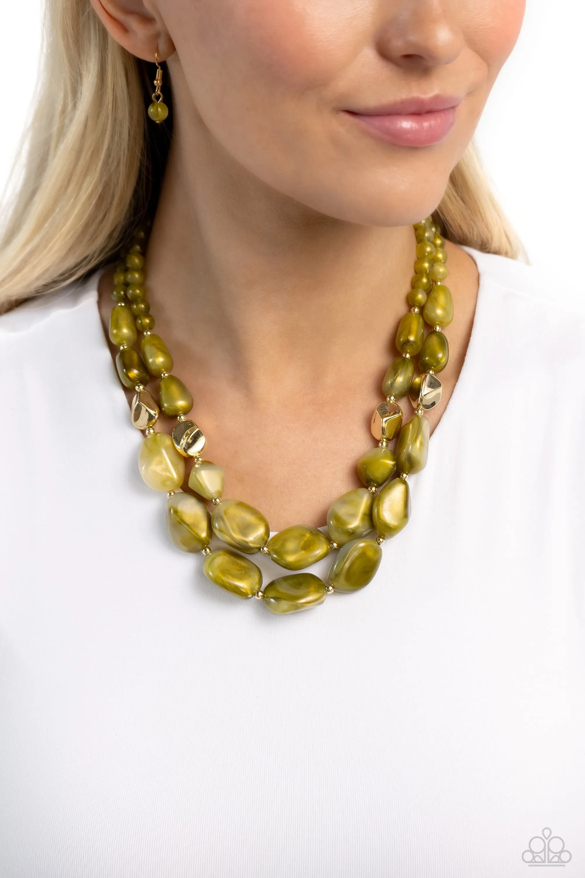 Seize the Statement - Green - Sparkly Bead Gold Stud Tiered Paparazzi Short Necklace
